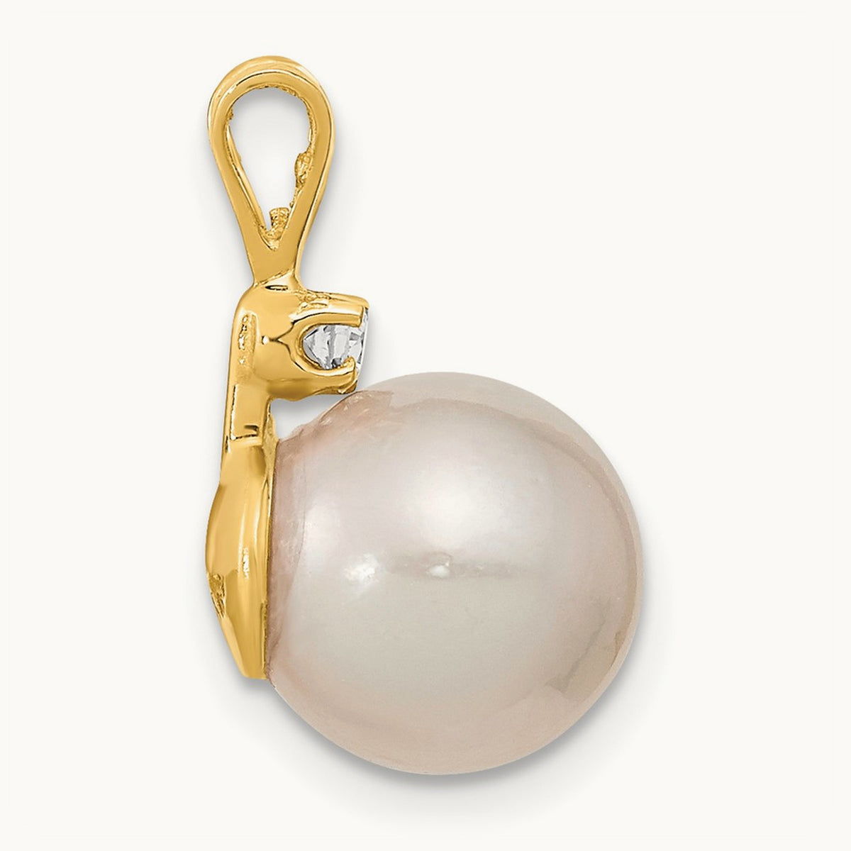 Round White Saltwater South Sea Pearl .05ct Diamond Pendant, 10mm in 14K Yellow Gold