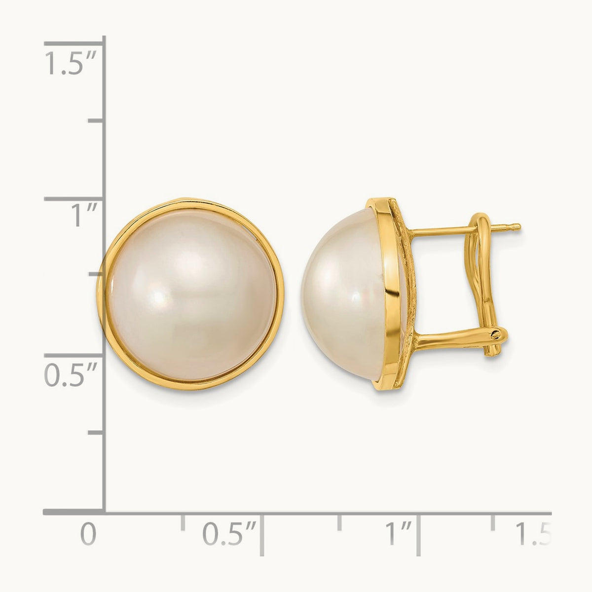 14- White Mabe Saltwater Cultured Pearl Omega Back Earrings, 15mm, 14K