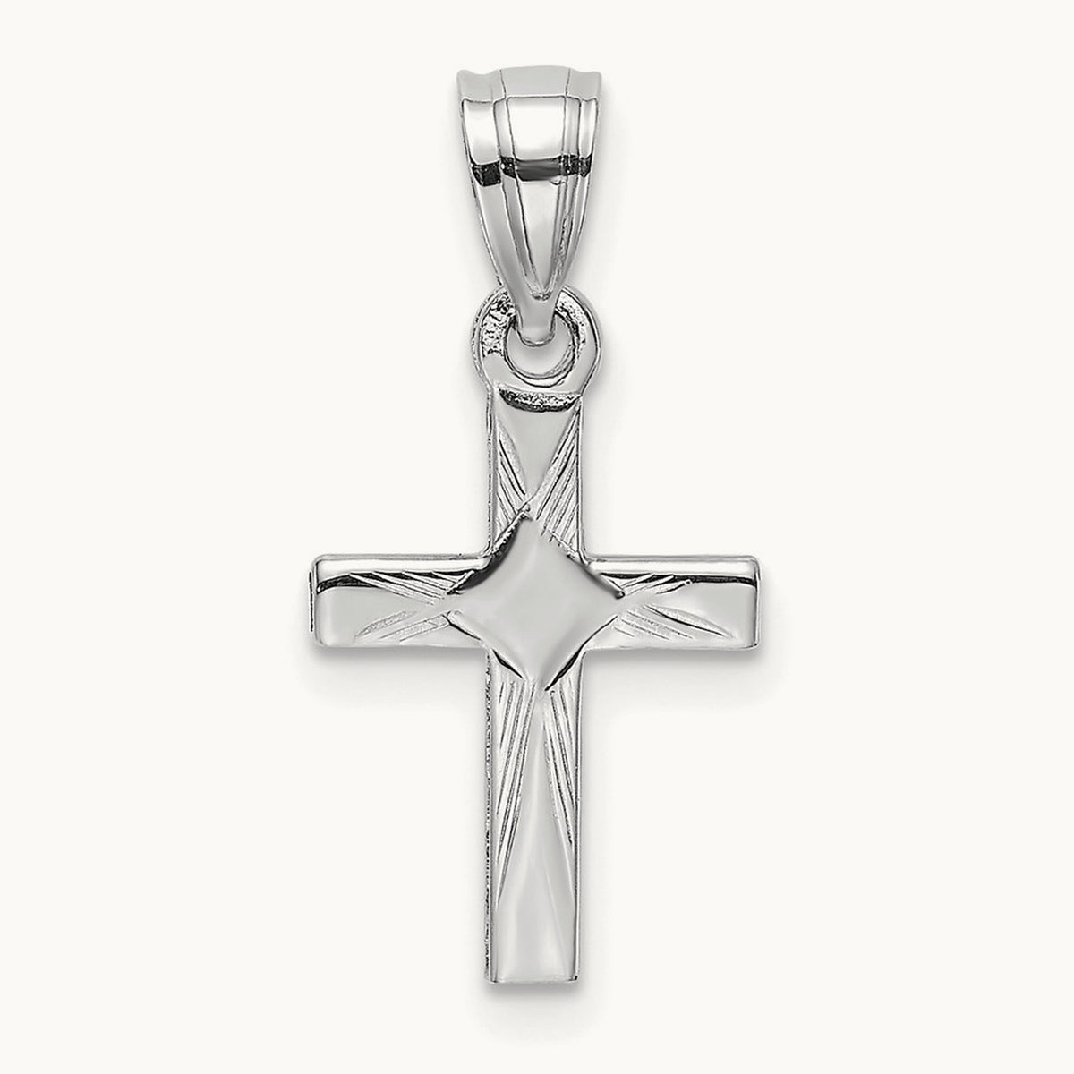 Diamond Shape Center Mini Cross Charm — 14K White Gold