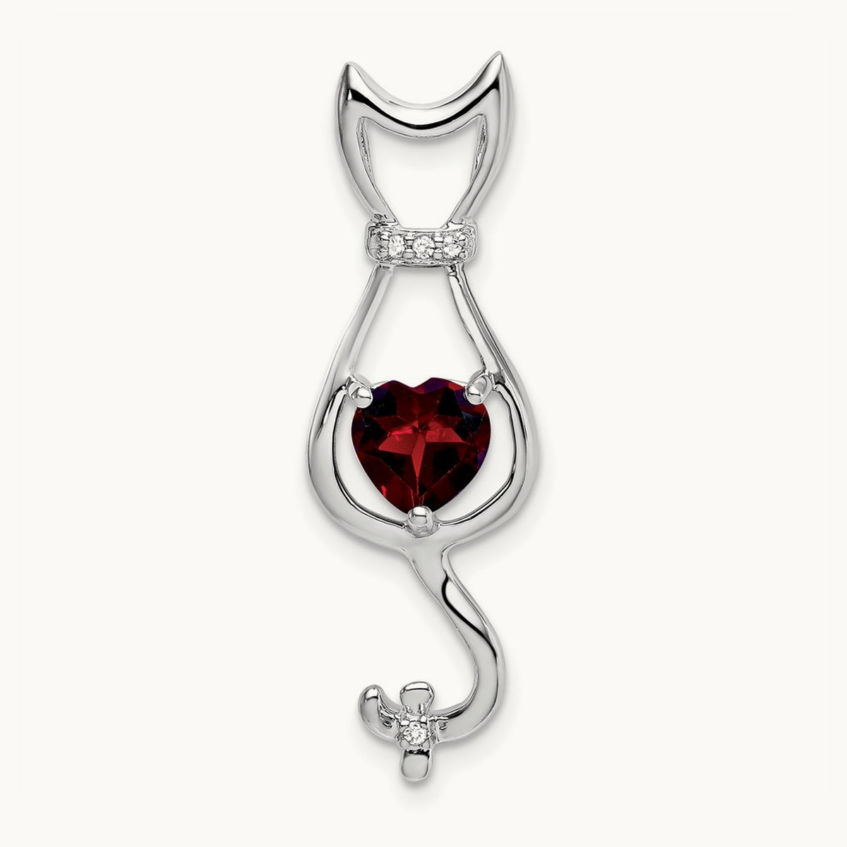 Garnet and Diamond Cat Pendant, 14K White Gold