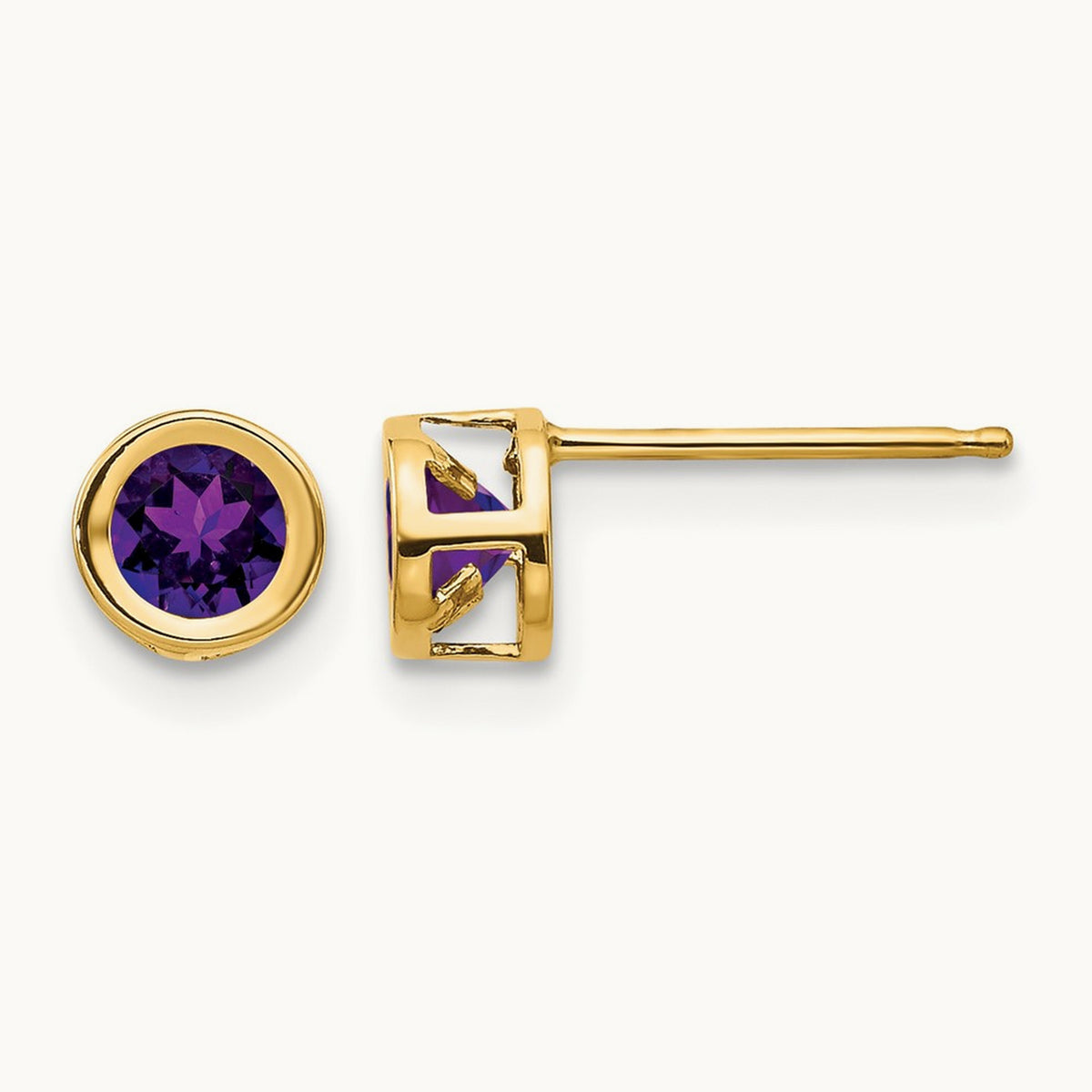 Bezel February/Amethyst Post Earrings — 14K Yellow Gold
