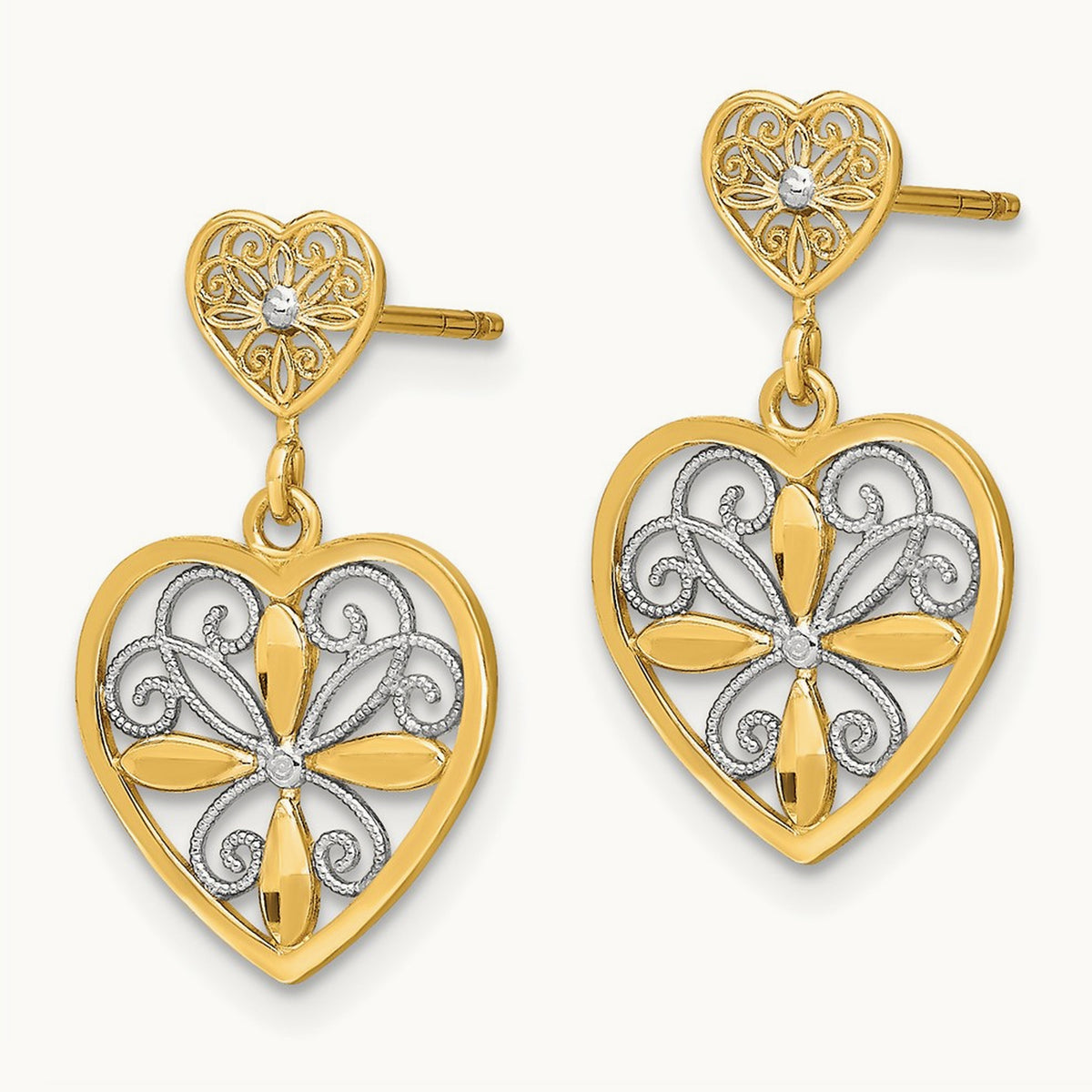 w/RH Flower and Heart Beaded Filigree Dangle Earrings, 14K