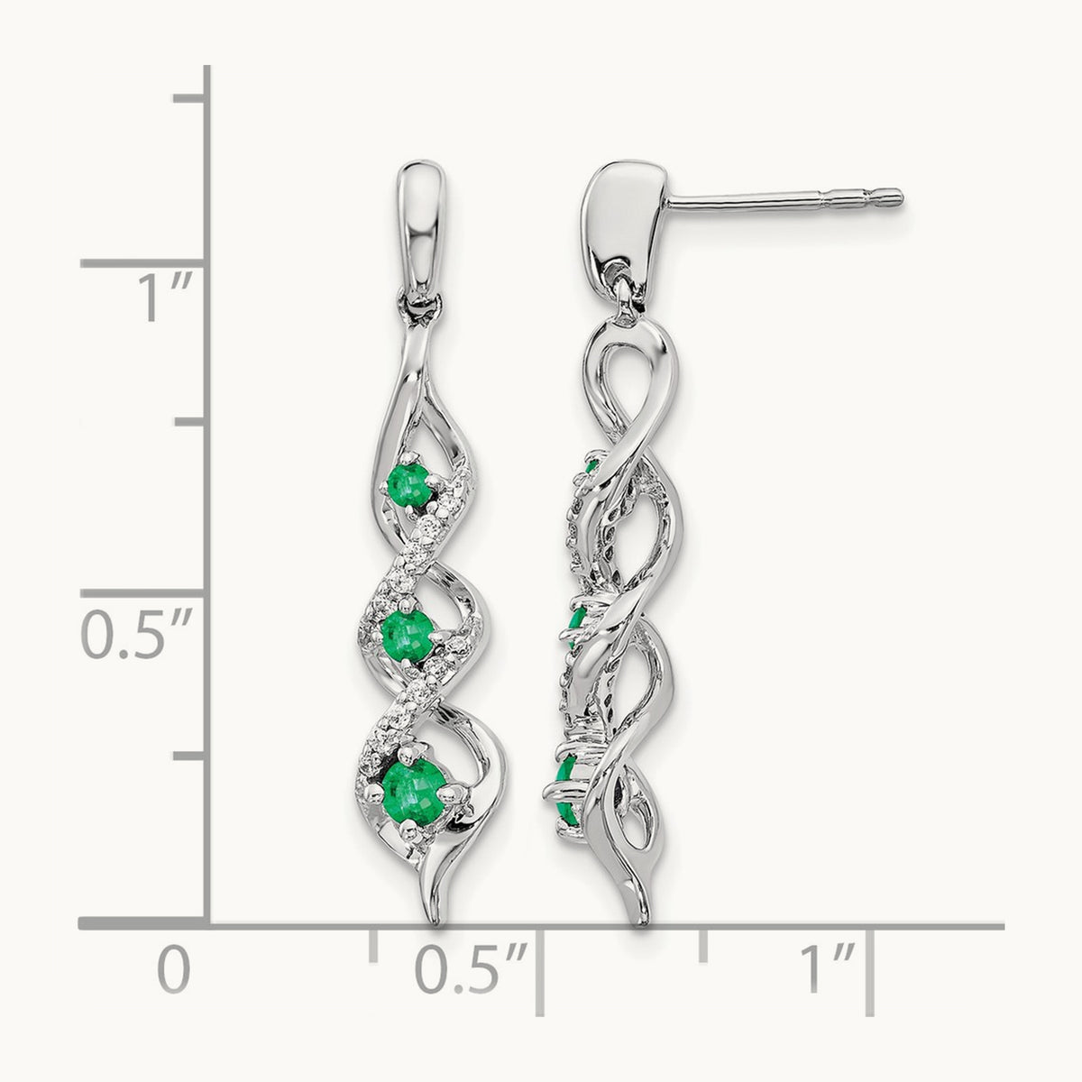 Diamond and Emerald Post Dangle Earrings, 14K White Gold