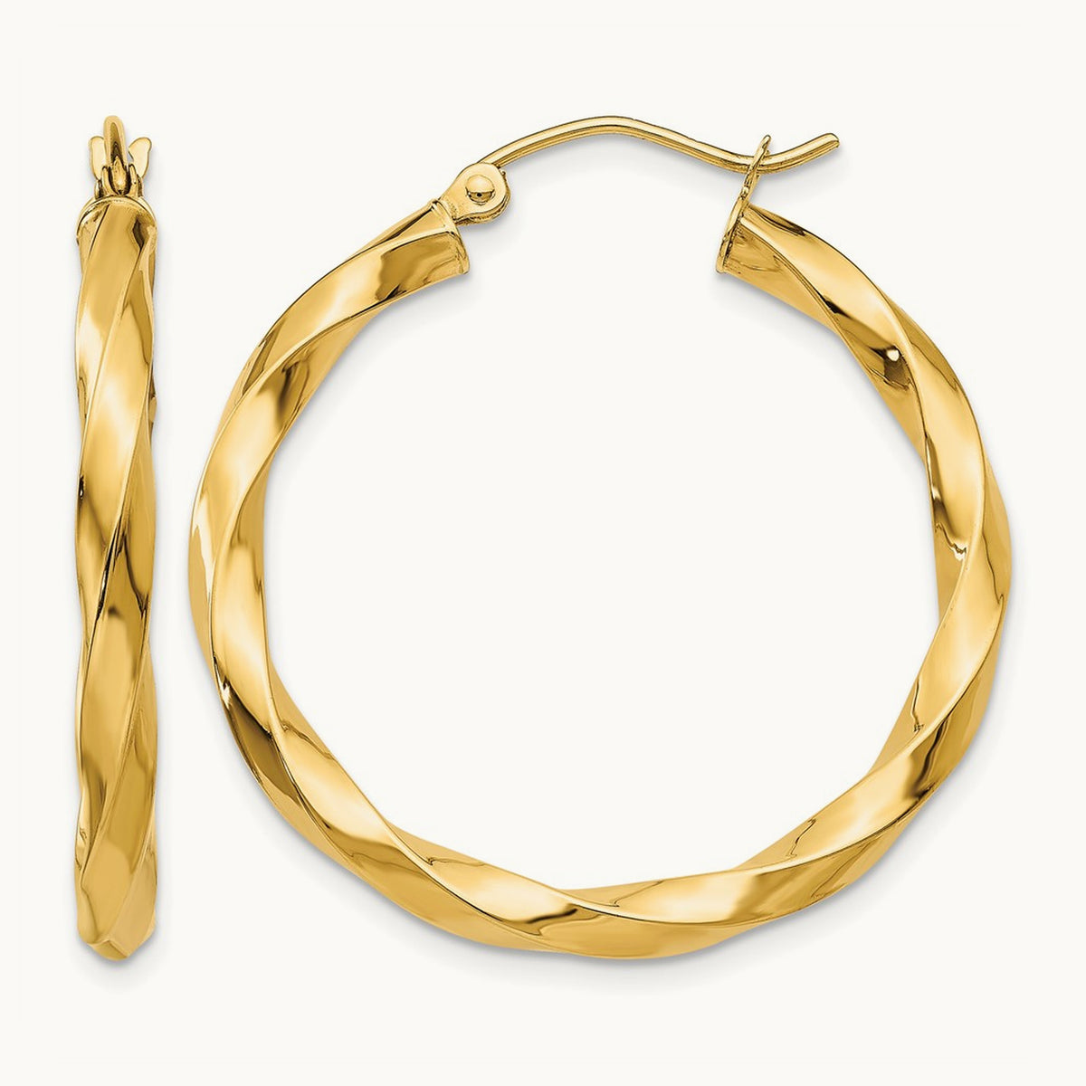 Square Tube Twisted Hoop Earrings — 14K Yellow Gold, 30mm, 3mm