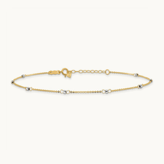 Cable with Mirror Beads 9in Plus 1in Ext. Anklet, 14K Two-tone