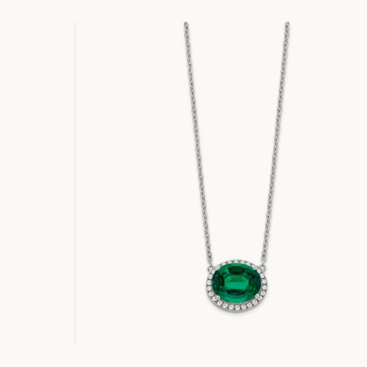 Oval Created Emerald/Diamond 18in. Halo Necklace, 14K White Gold