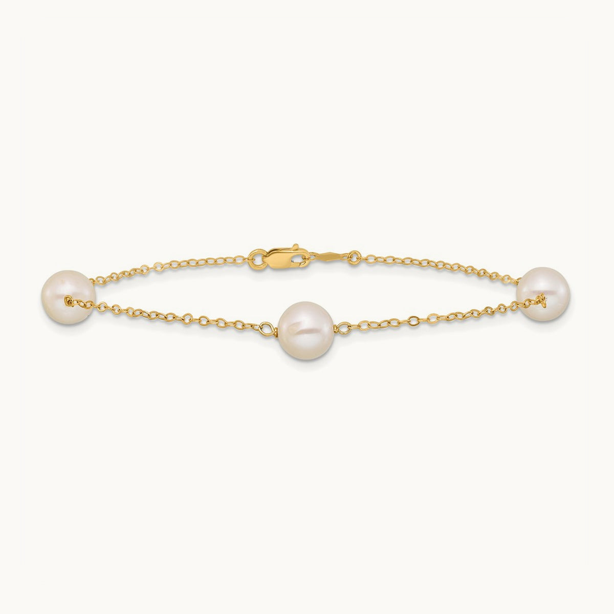 7- White Near Round Freshwater Cultured Pearl 3-station Bracelet, 8mm, 14K