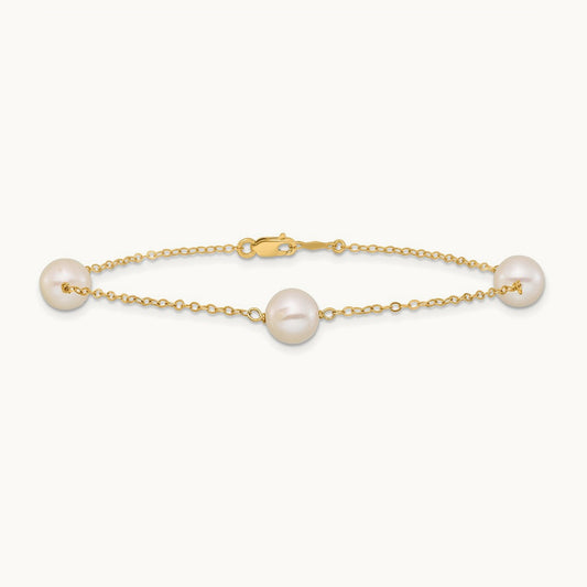 7- White Near Round Freshwater Cultured Pearl 3-station Bracelet, 8mm, 14K