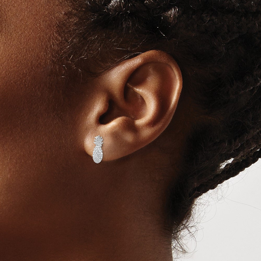 Polished and Textured Pineapple Post Earrings — 14K White Gold
