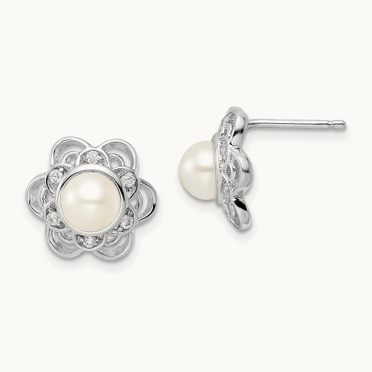 Cheryl M Rhod-pltd Freshwater Cultured Pearl & CZ Floral Post Earrings