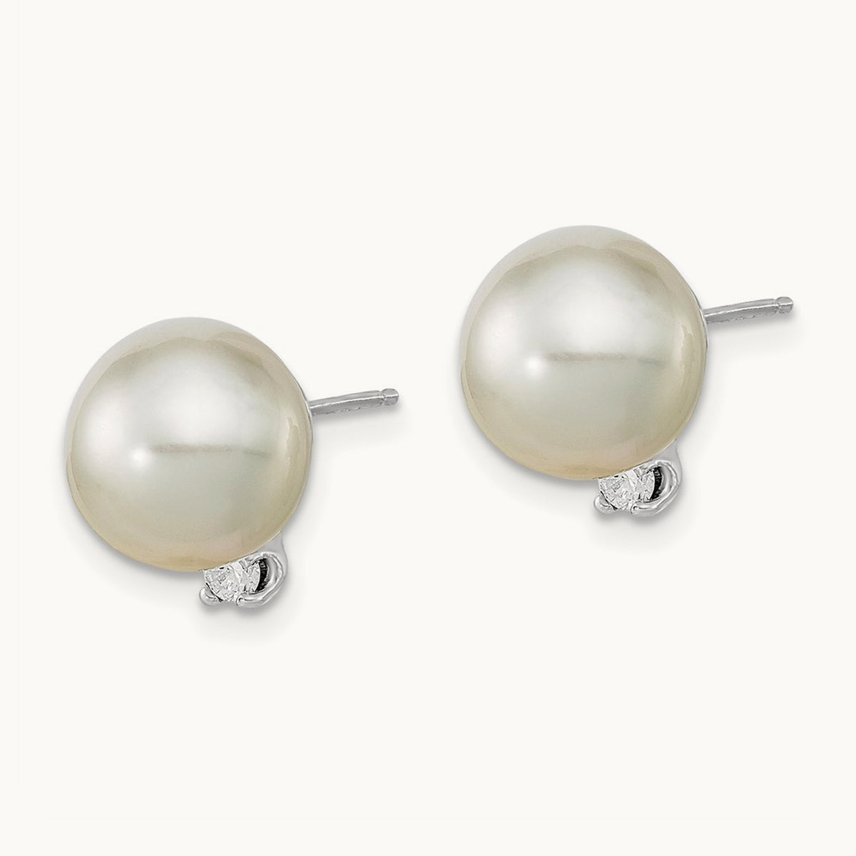 9- Round White Saltwater South Sea Pearl and Diamond Earrings, 10mm, 14K White Gold