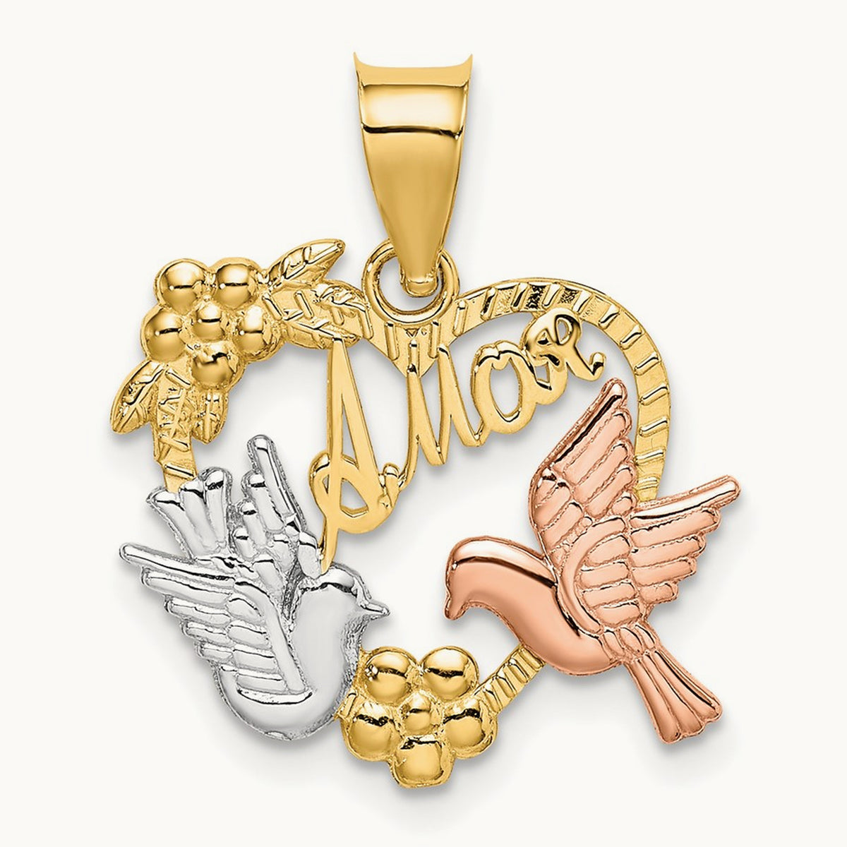 w/White Rhodium AMOR Heart w/Doves Charm, 14K Two-tone
