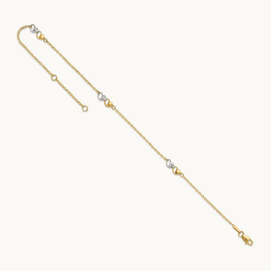 Polished and D/C Hearts 9in Plus 1in ext. Anklet, 14K Two-tone