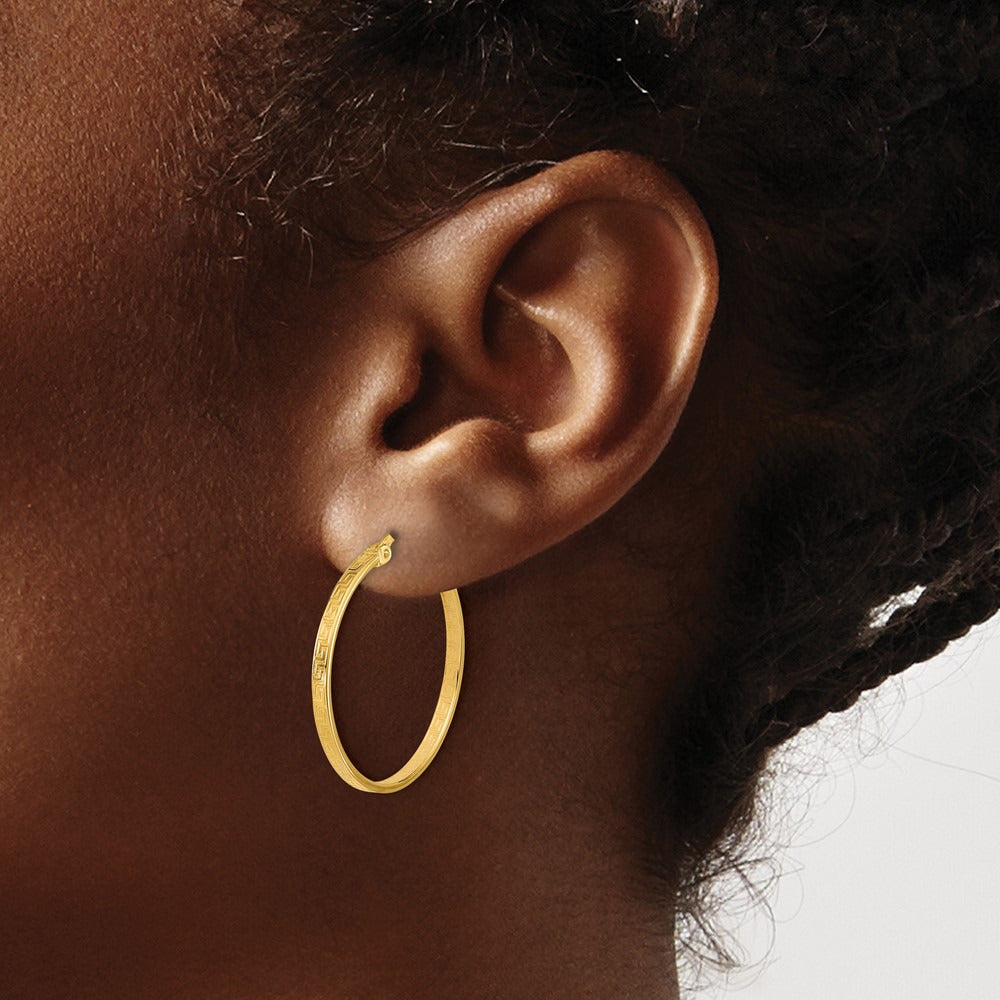 Polished Greek Key Round Hoop Earrings — 28mm