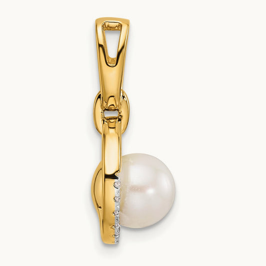 Polished Diamond and Pearl Open Circle Pendant, 14K