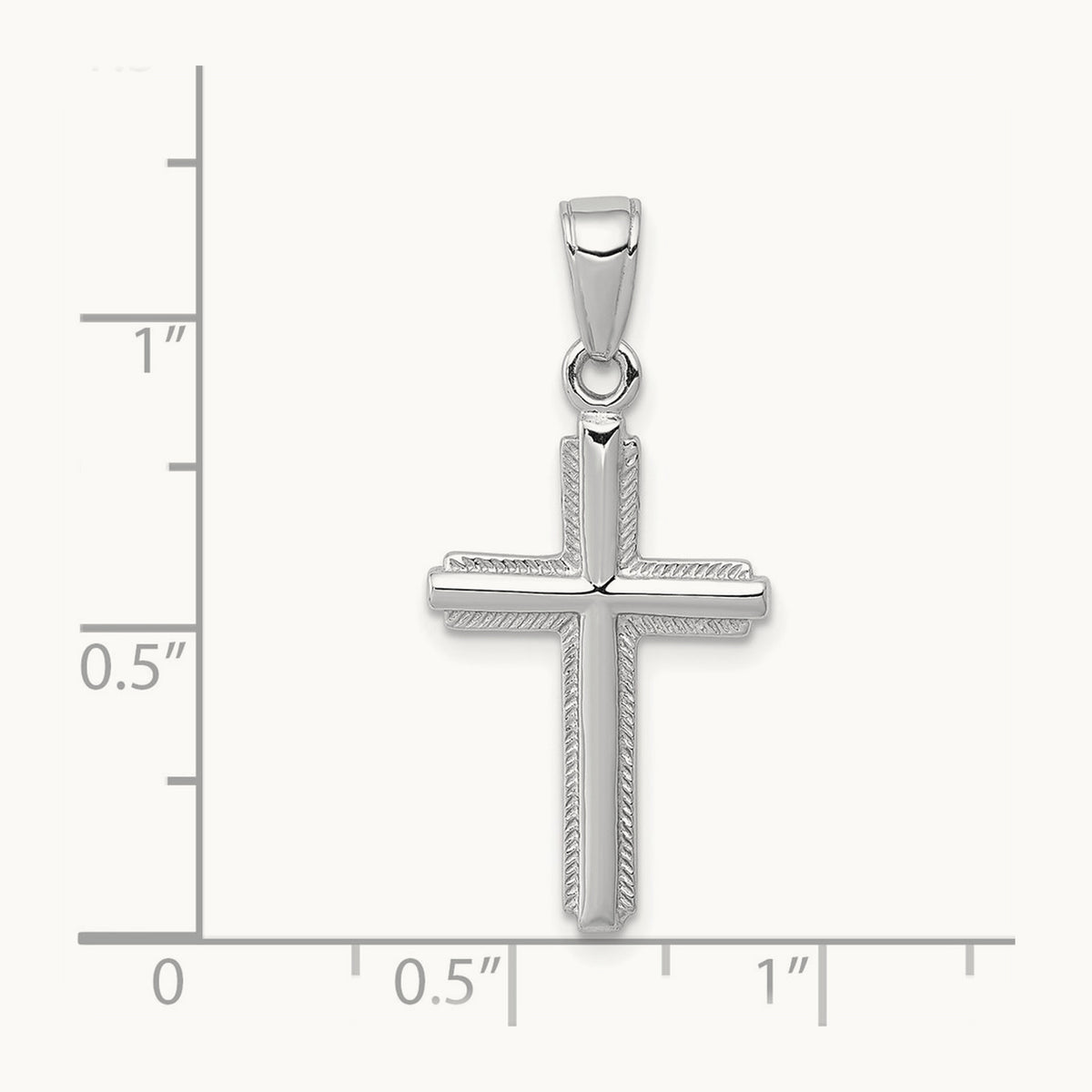 Polished Cross With Striped Border Pendant — 14K White Gold, 27mm