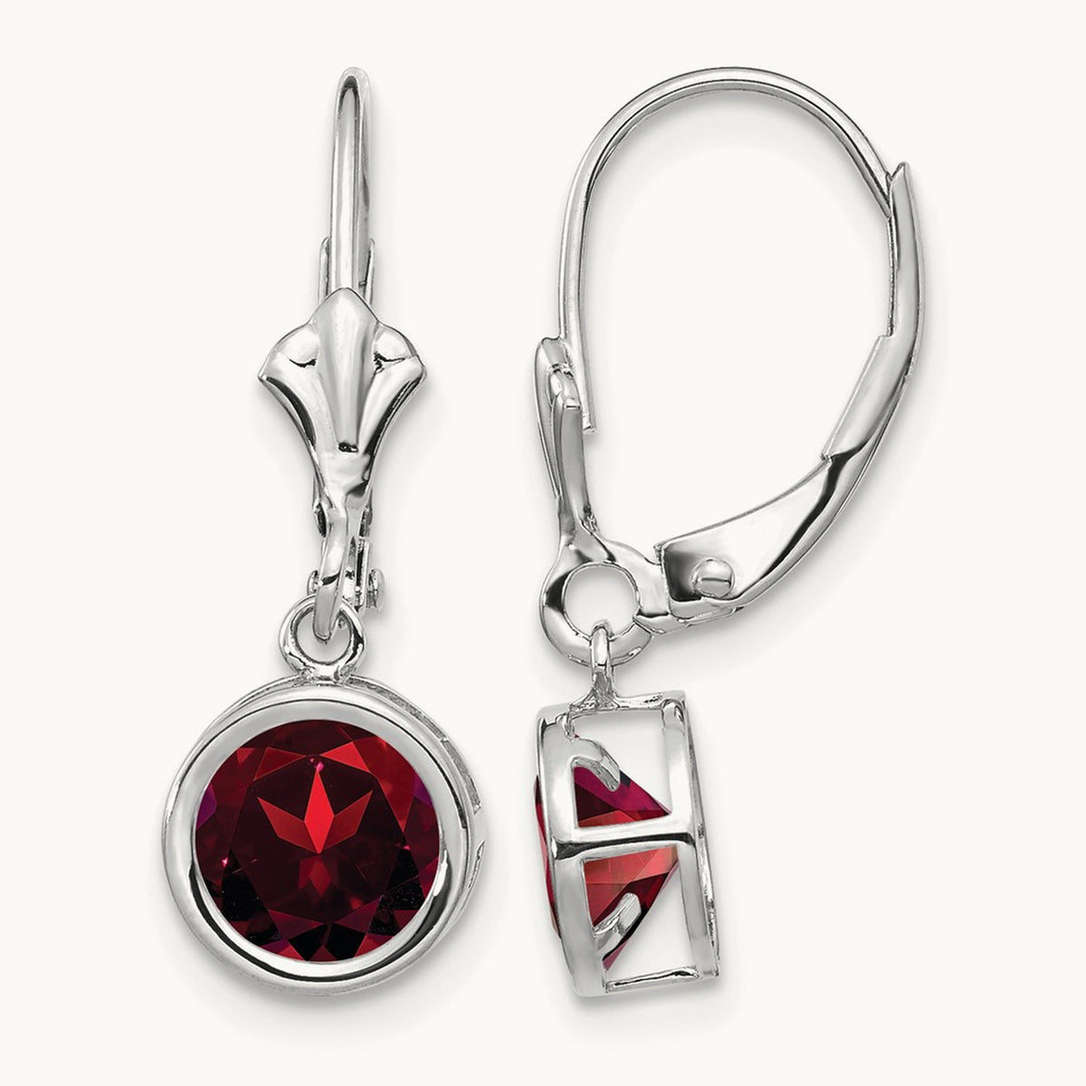 Garnet Leverback Earrings — 14K White Gold