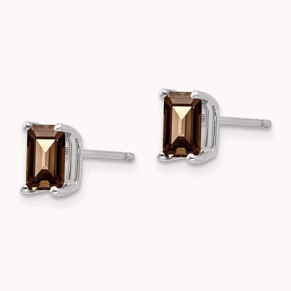 6x4mm Octagon Checker-Cut Smoky Quartz Earrings, 14K White Gold