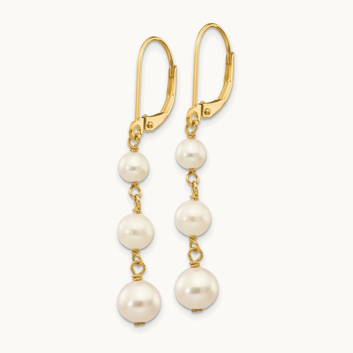 4- White Semi-round FW Cultured Pearl Graduated Leverback Earrings, 6mm, 14K