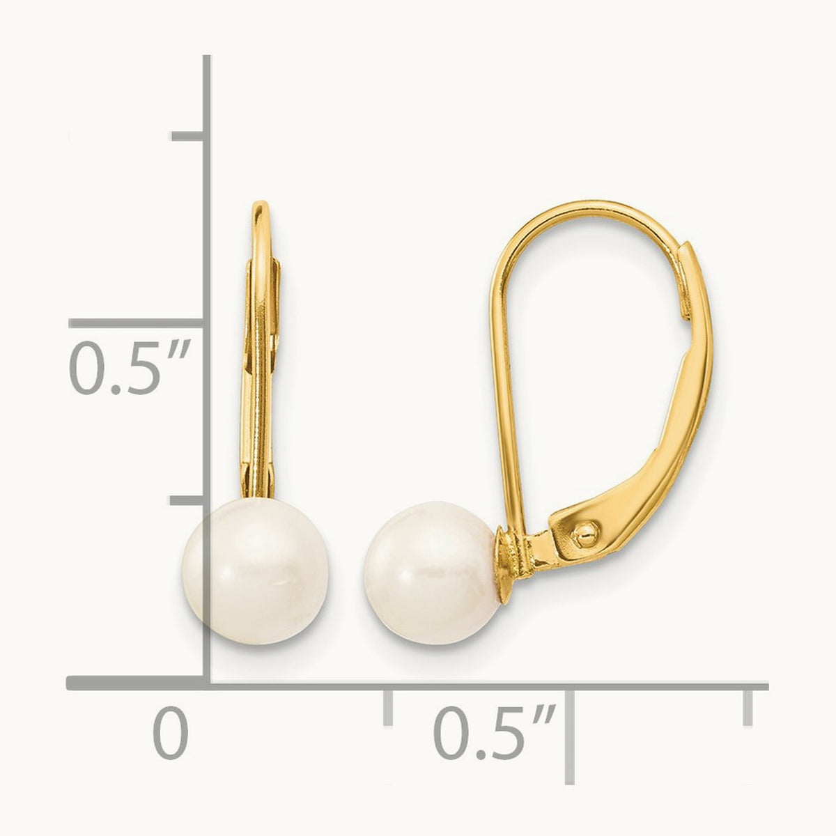 5- White Round Saltwater Akoya Cultured Pearl Leverback Earrings, 6mm, 14K