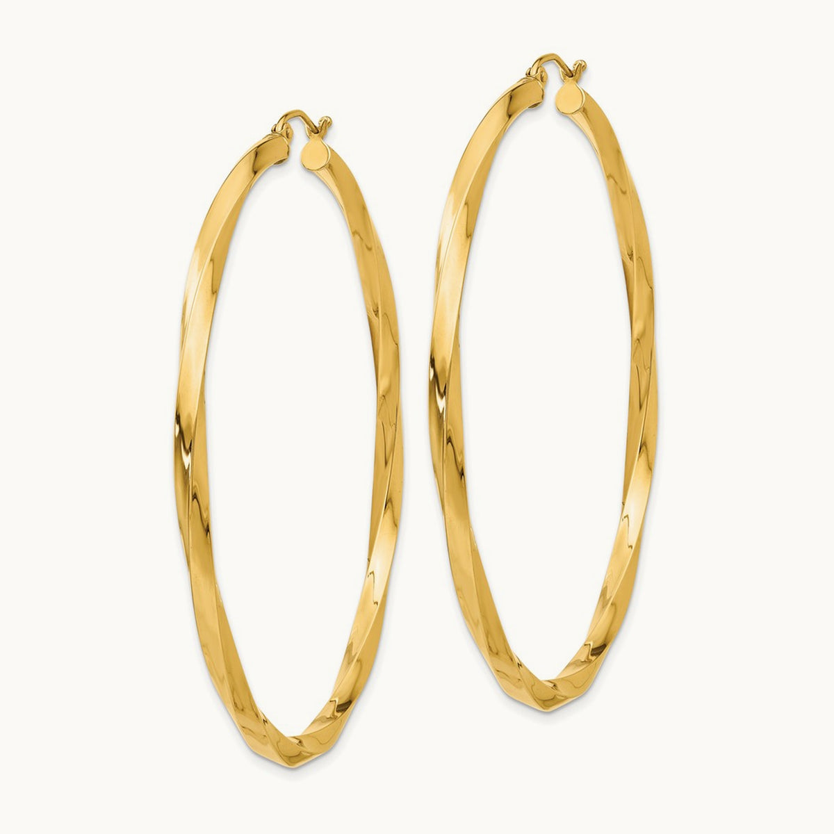 Square Tube Twisted Hoop Earrings — 14K Yellow Gold, 60mm, 3mm