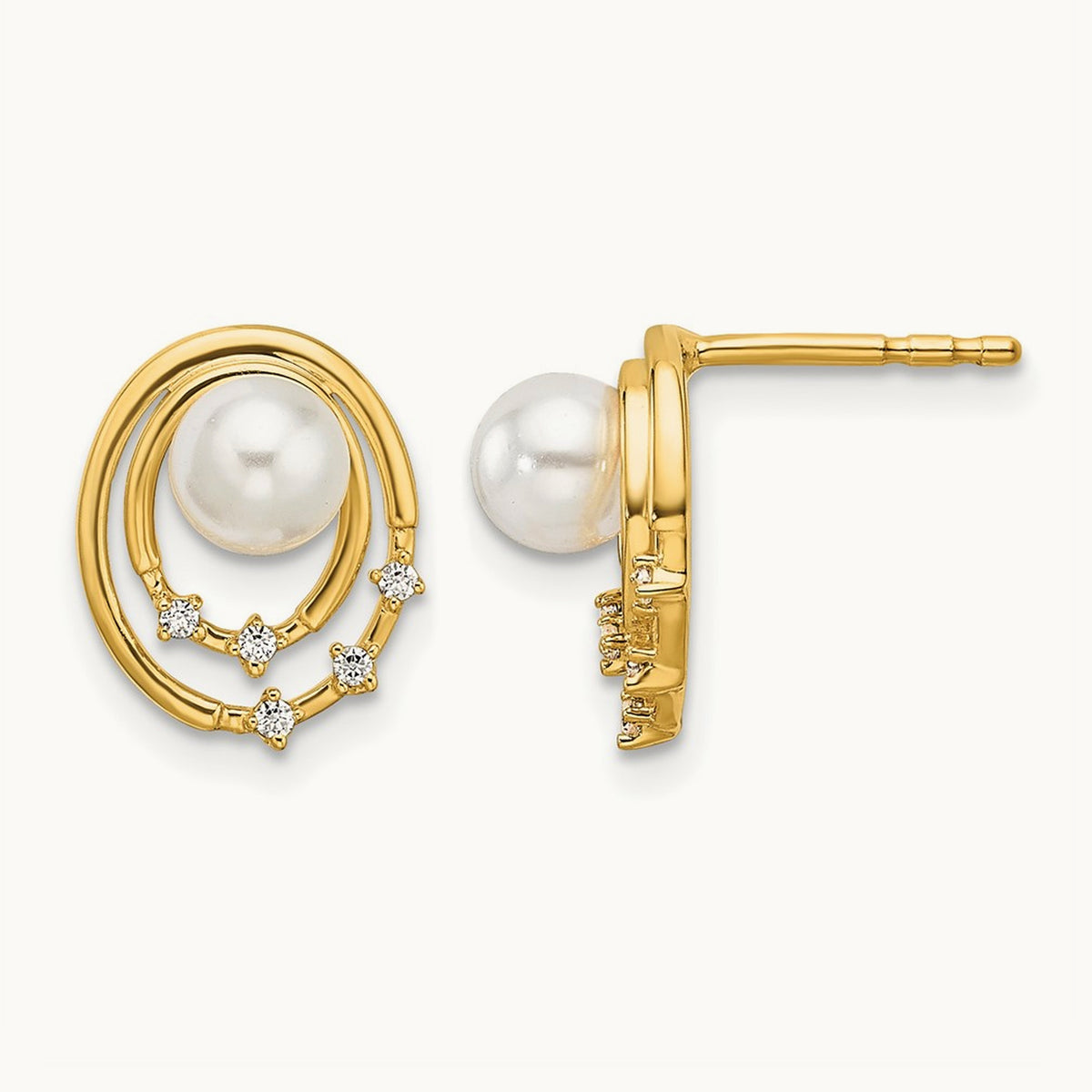 Polished Diamond and Pearl Ovals Drop Post Earrings, 14K