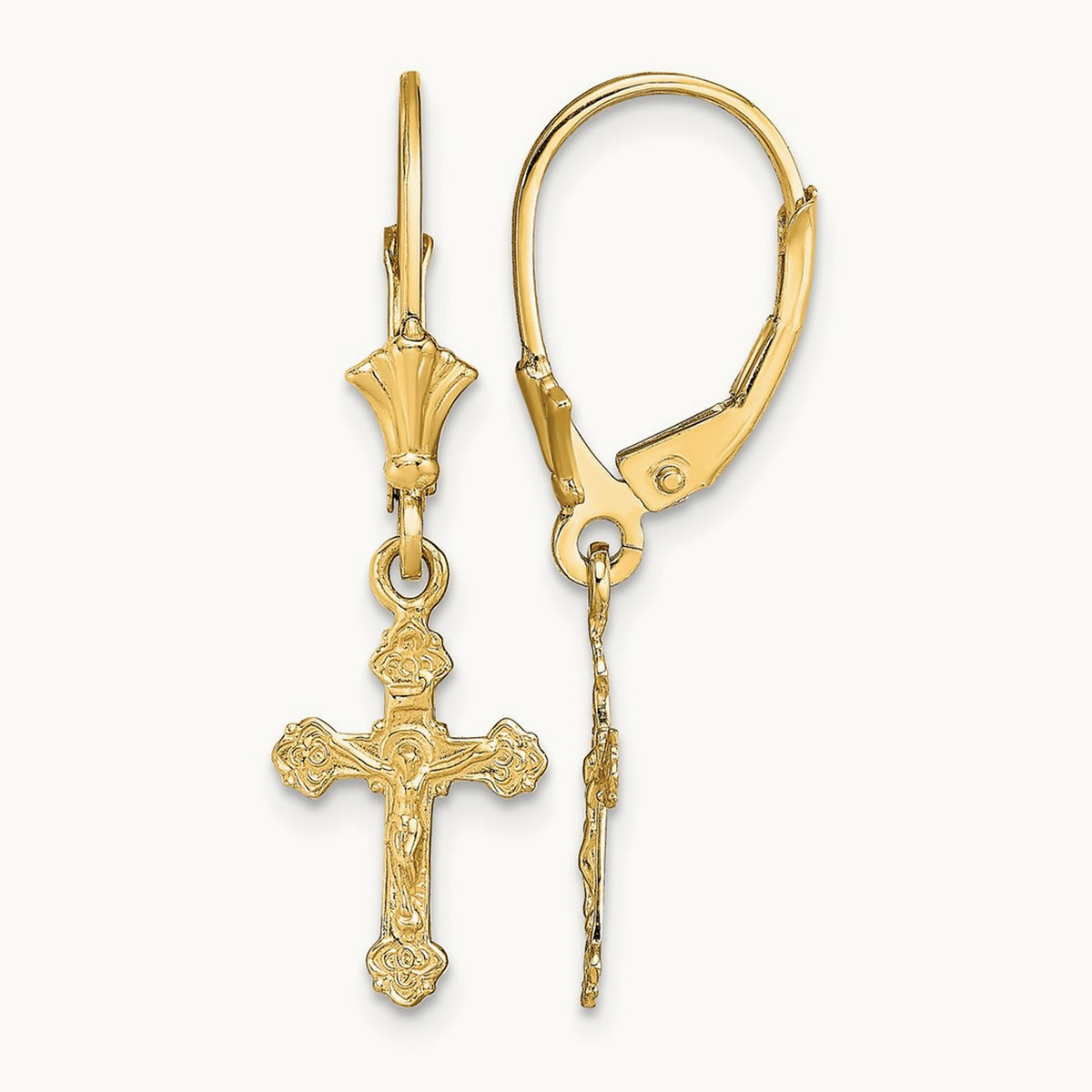 Crucifix Leverback Earrings, 14K