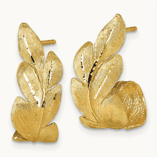 Brushed And Textured Leaf Post Earrings, 14K