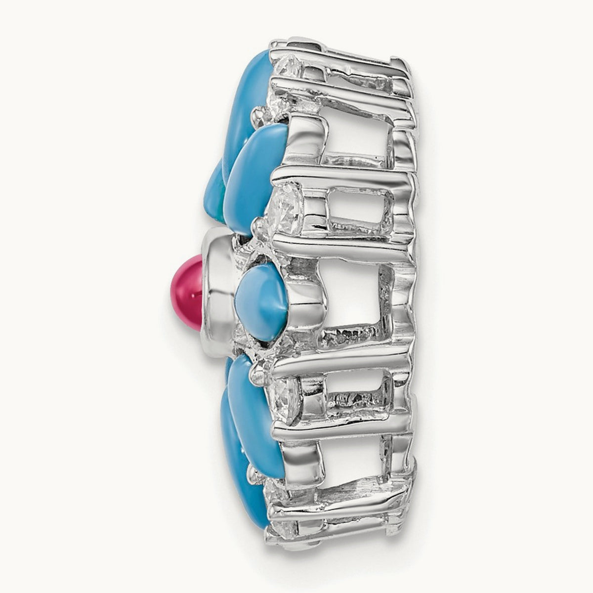 Turquoise/Creat. Ruby/White Topaz Floral Chain Slide, 14K White Gold