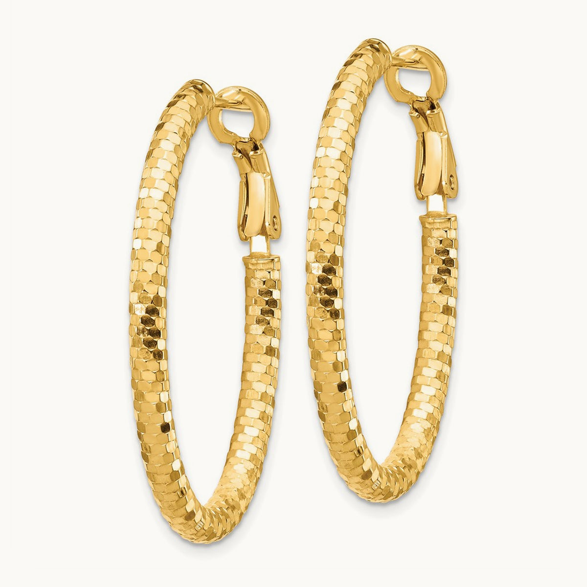 Diamond-cut Oval Omega Back Hoop Earrings — 3x37mm