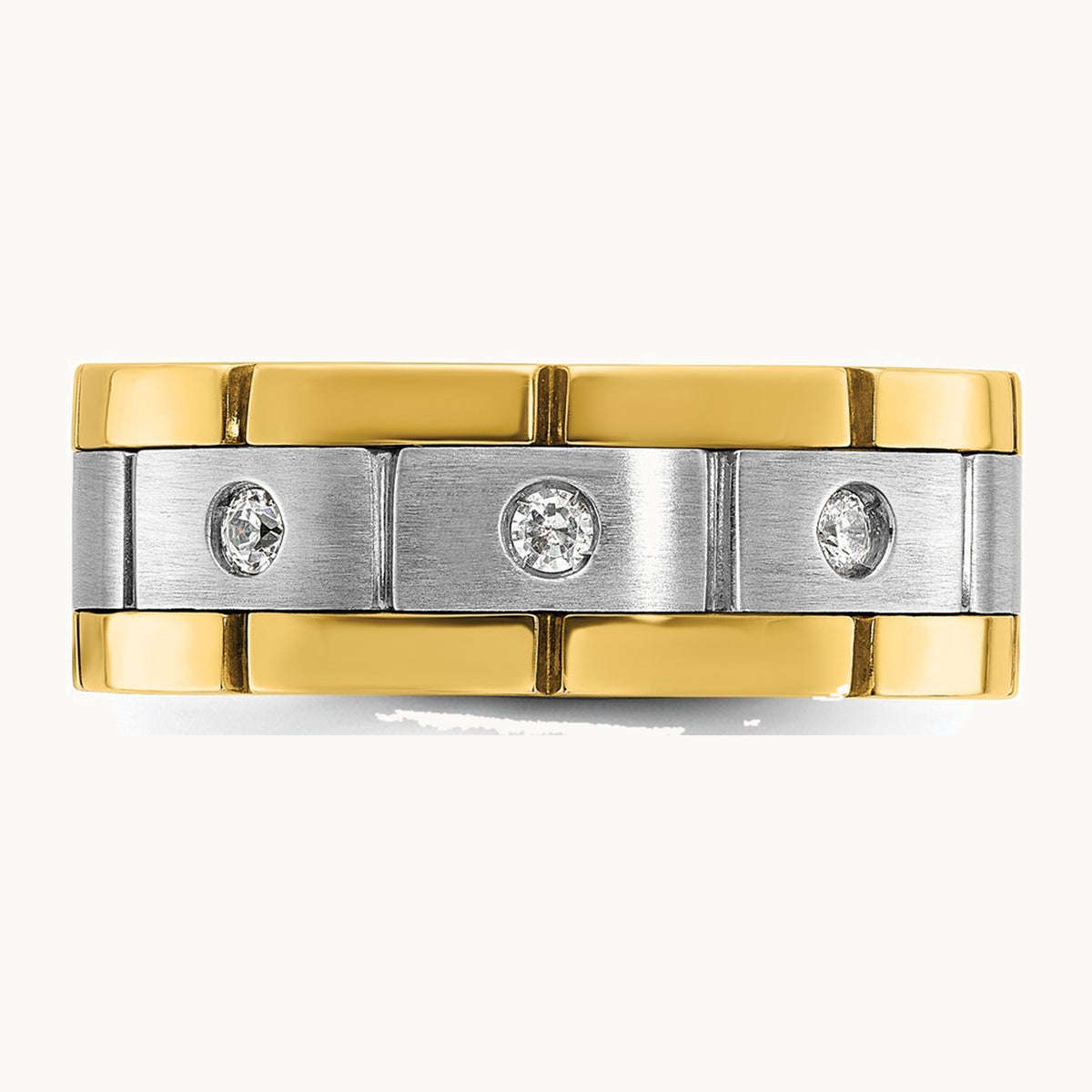IBGoodman 14K Two-tone Men's Polished Satin and Grooved 3-Stone 1/6 Carat AA Quality Diamond Ring