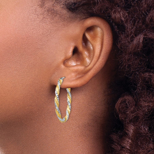 Twisted Diamond-cut Oval Hoop Earrings with yellow rhodium — 19mm