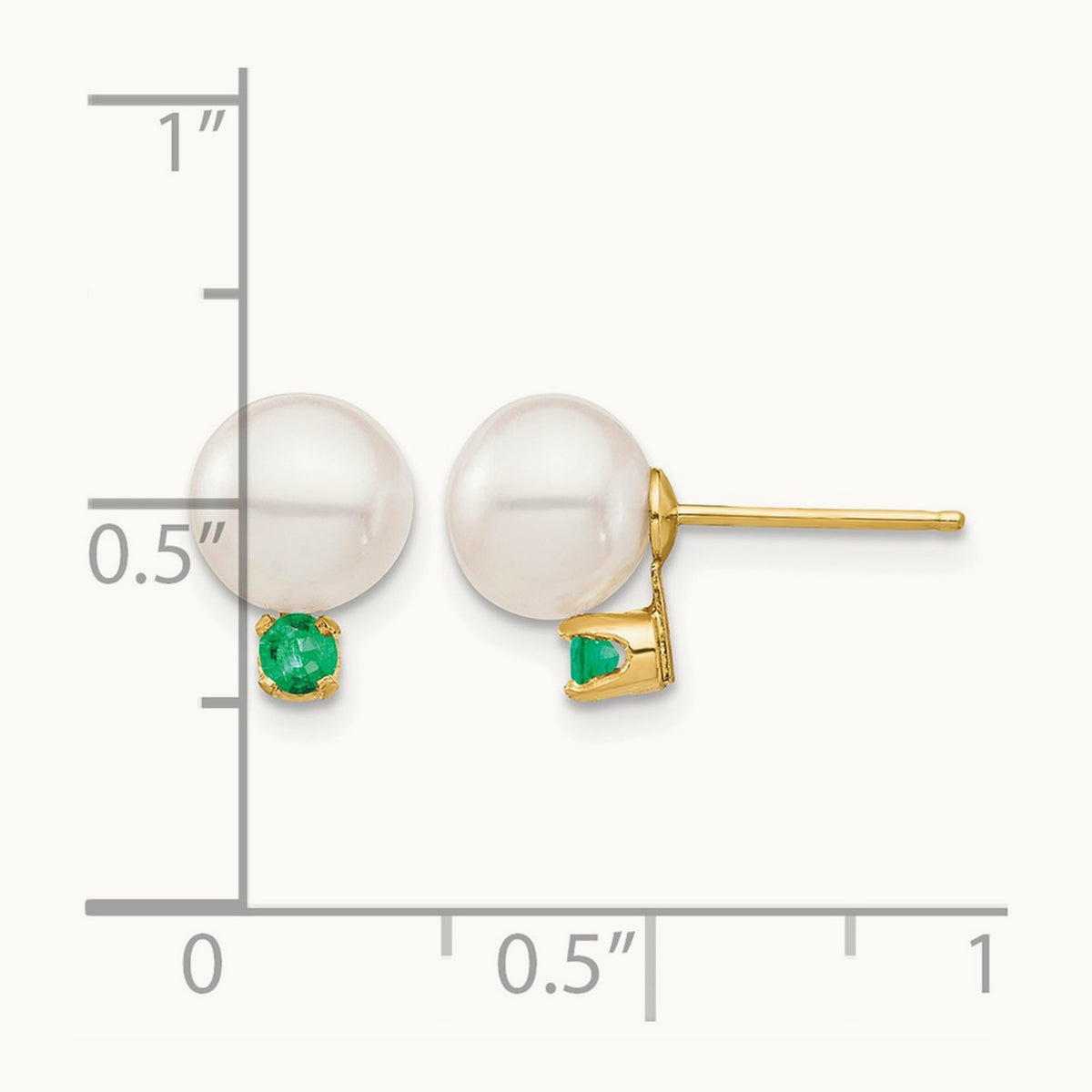 7- White Round Freshwater Cultured Pearl Emerald Post Earrings, 7.5mm, 14K