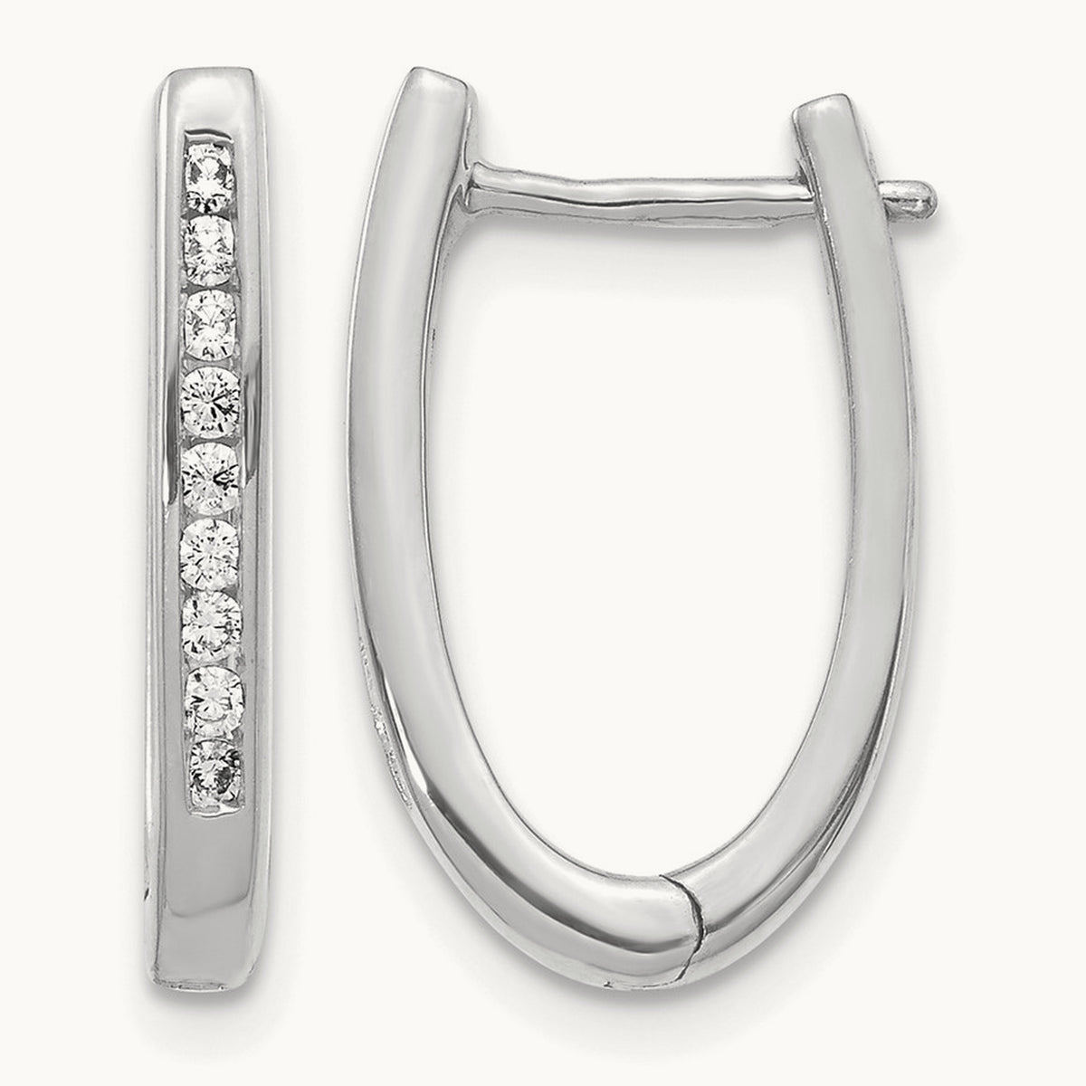 Diamond Oval Hinged Hoop Earrings — 14K White Gold, 11mm