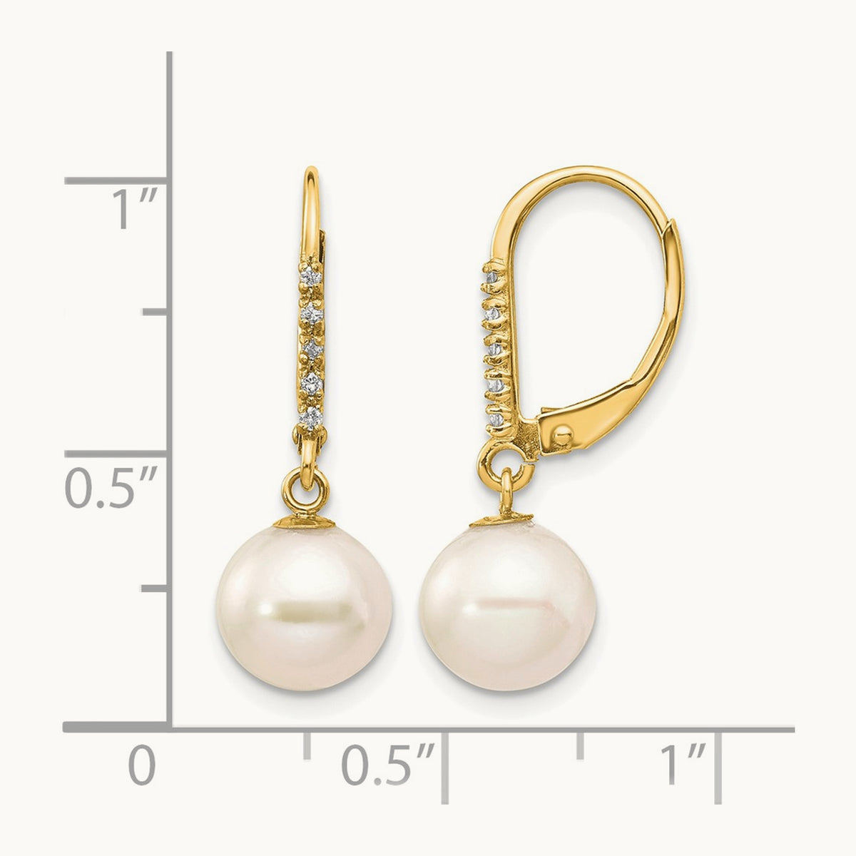 Round Freshwater Cultured Pearl Diamond Leverback Earrings — 14K Yellow Gold