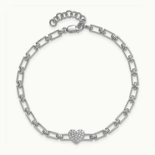 Polished Diamond Heart Cluster Fancy Link with 1in ext. Brac, 14K White Gold