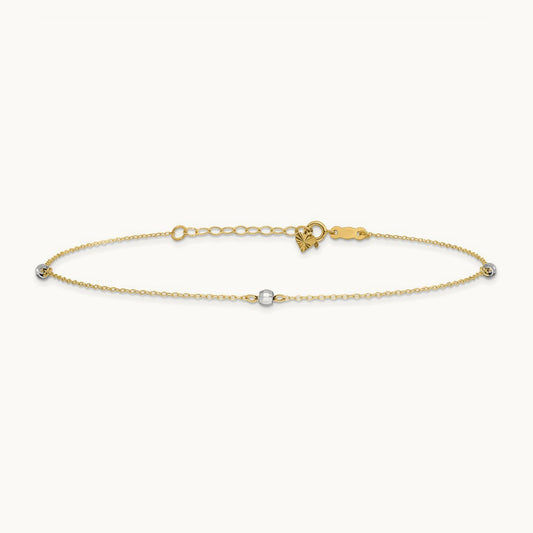 Mirror Bead 9in Plus 1in ext. Anklet, 14K Two-tone