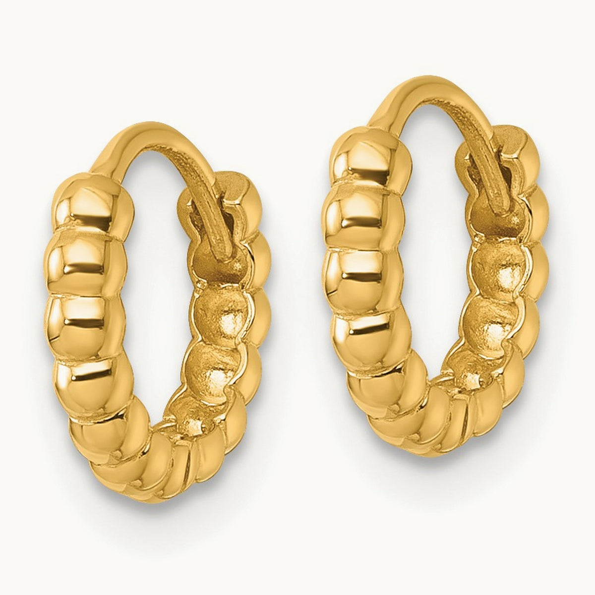 Polished Beaded Hinged Huggie Hoop Earrings, 2.25mm, 14K
