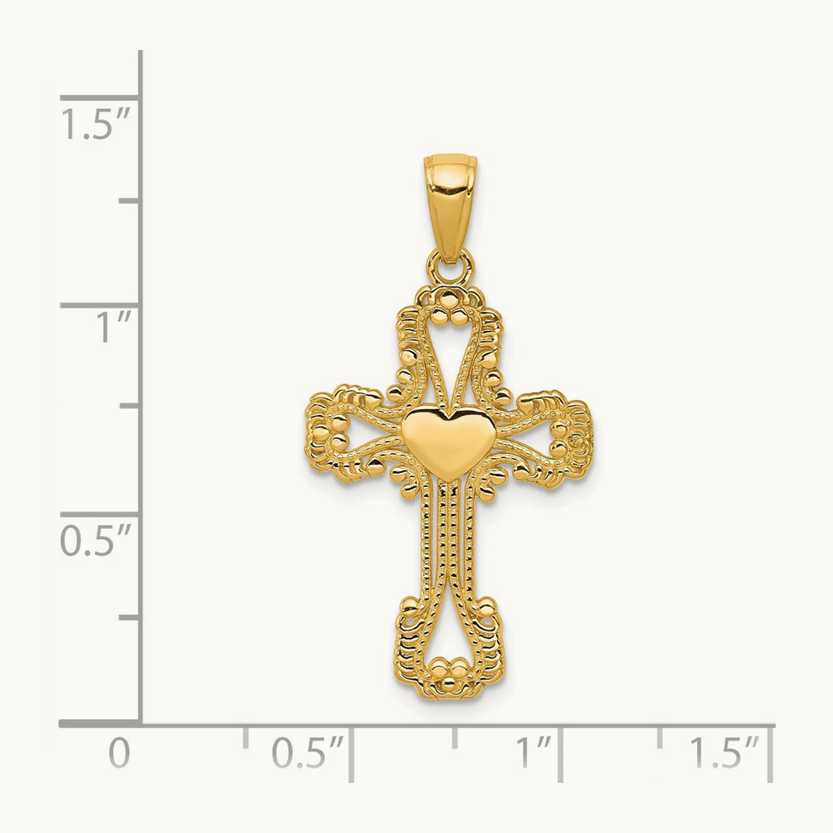 Beaded Cross with Heart Pendant, 14K