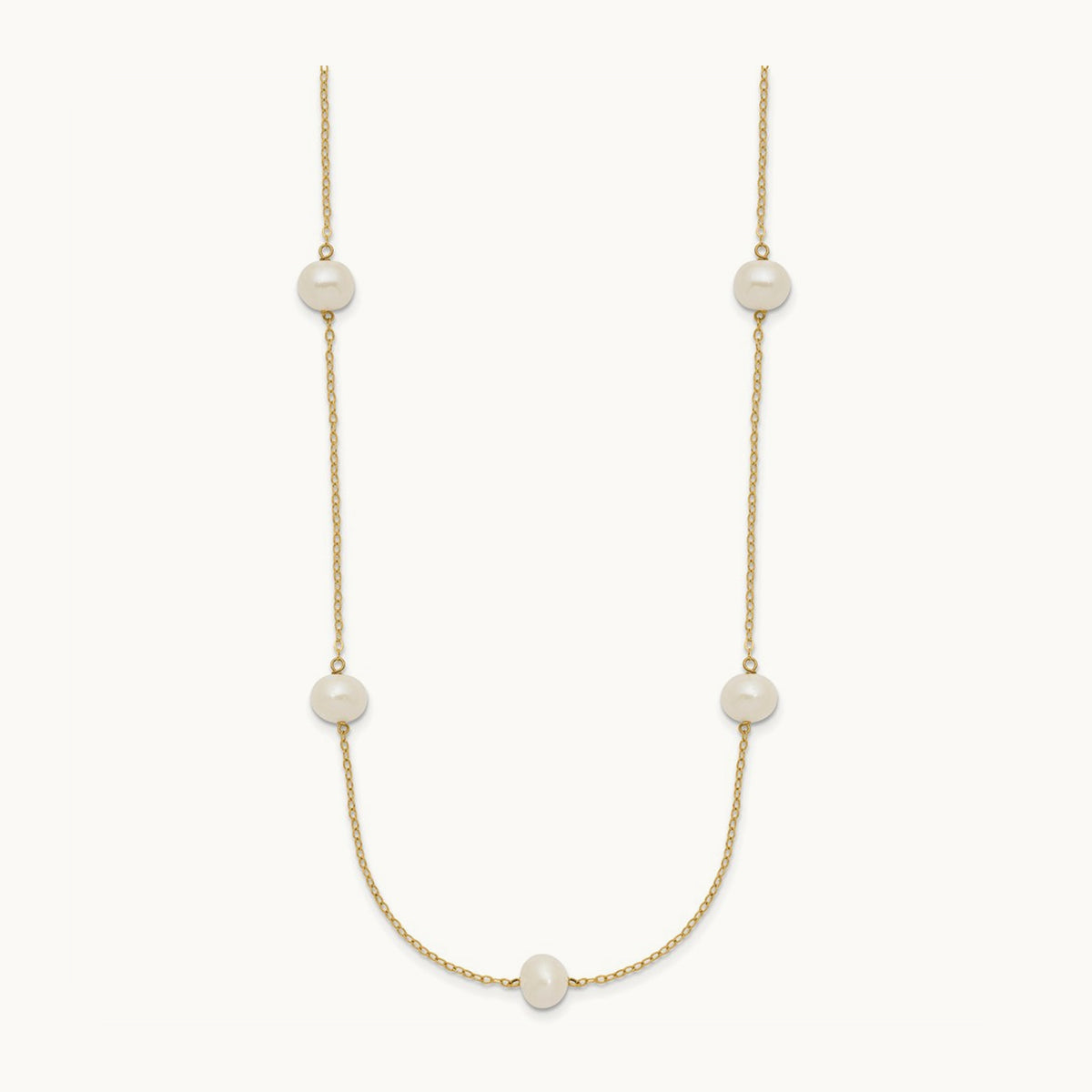 7- White Near Round Freshwater Cultured Pearl 7-Station Necklace, 14K