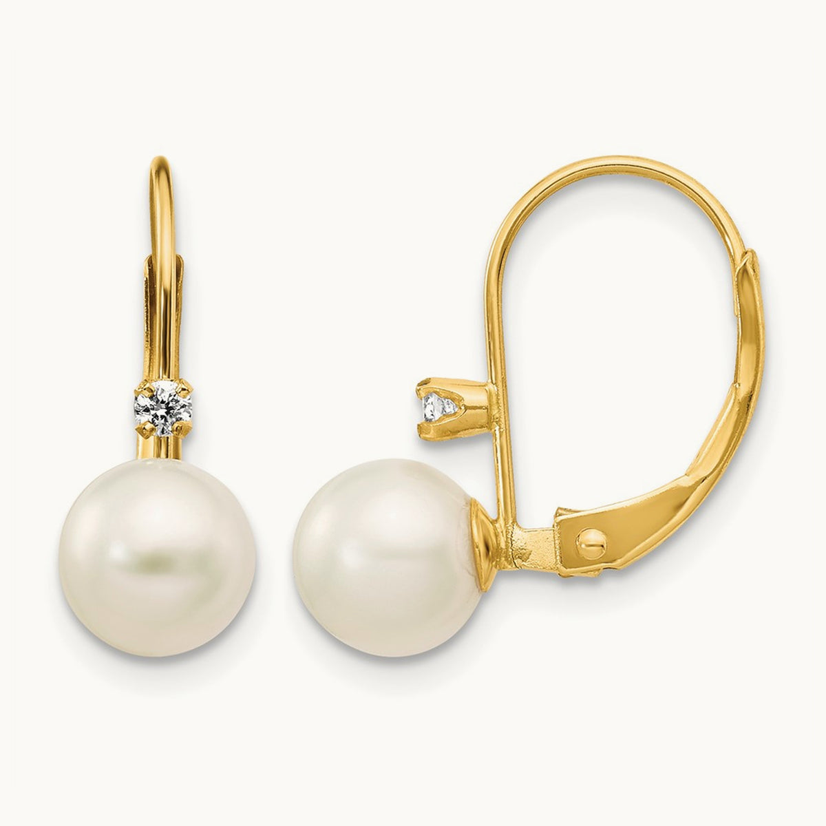 6- Round White FWC Pearl .06ct. Diamond Leverback Earrings, 7mm, 14K