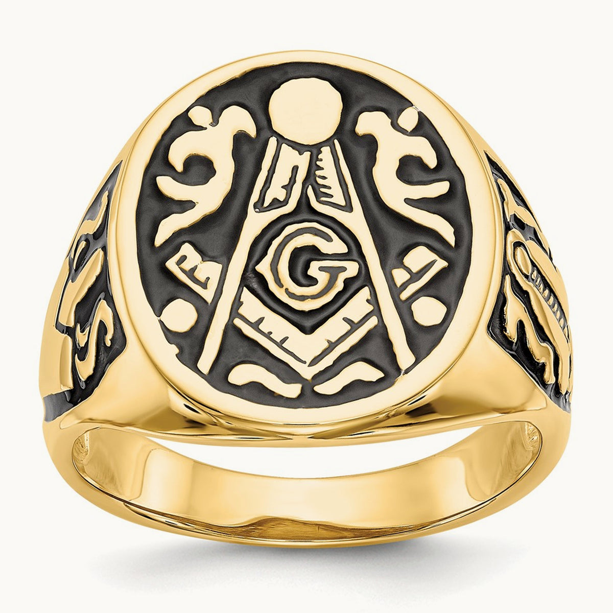 Men's Polished and Grooved with Black Enamel Masonic Ring, 14K