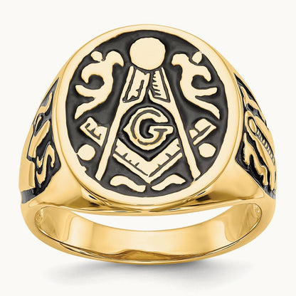 Men's Polished and Grooved with Black Enamel Masonic Ring, 14K