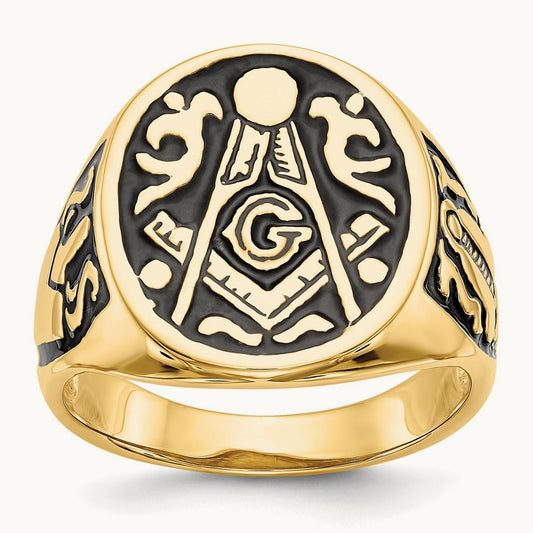 Men's Polished and Grooved with Black Enamel Masonic Ring, 14K