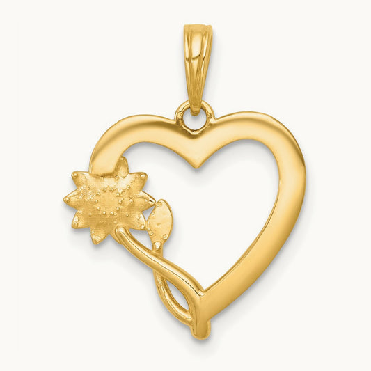 Polished Flower On Heart Charm, 14K with White Rhodium