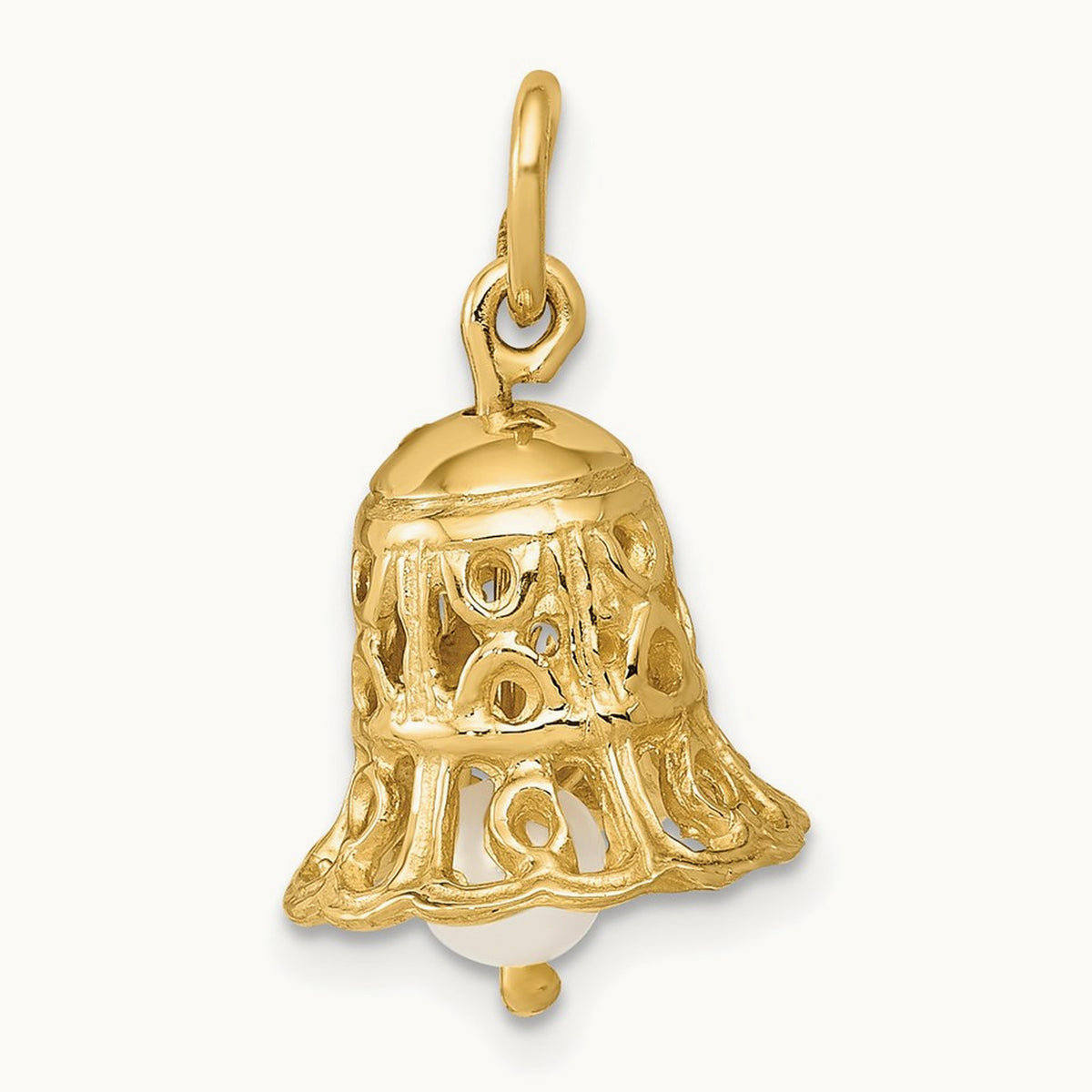 3D Wedding Bell w/ Fresh Water Cultured Pearl Charm, 14K