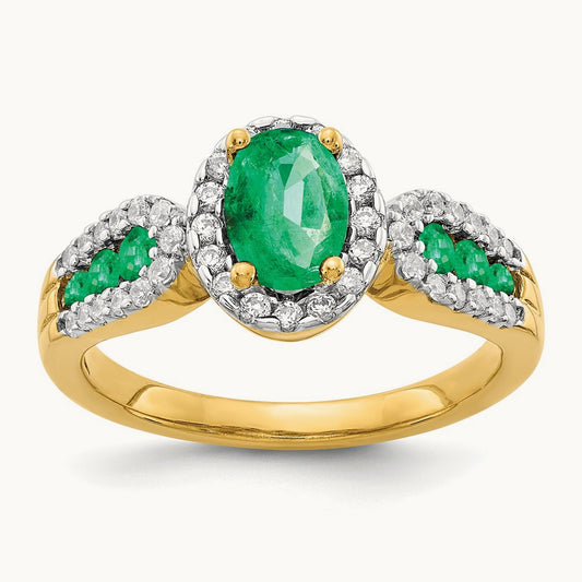 Oval Created Emerald Ring — 14K Yellow Gold, 7
