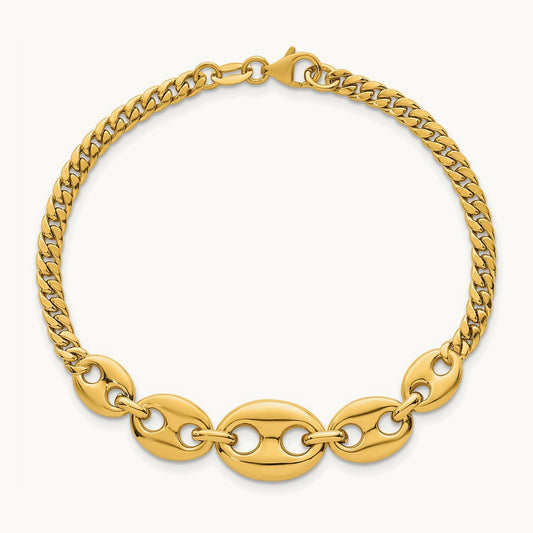 Polished Puffed Mariner and Curb Link 7inch Bracelet, 14K