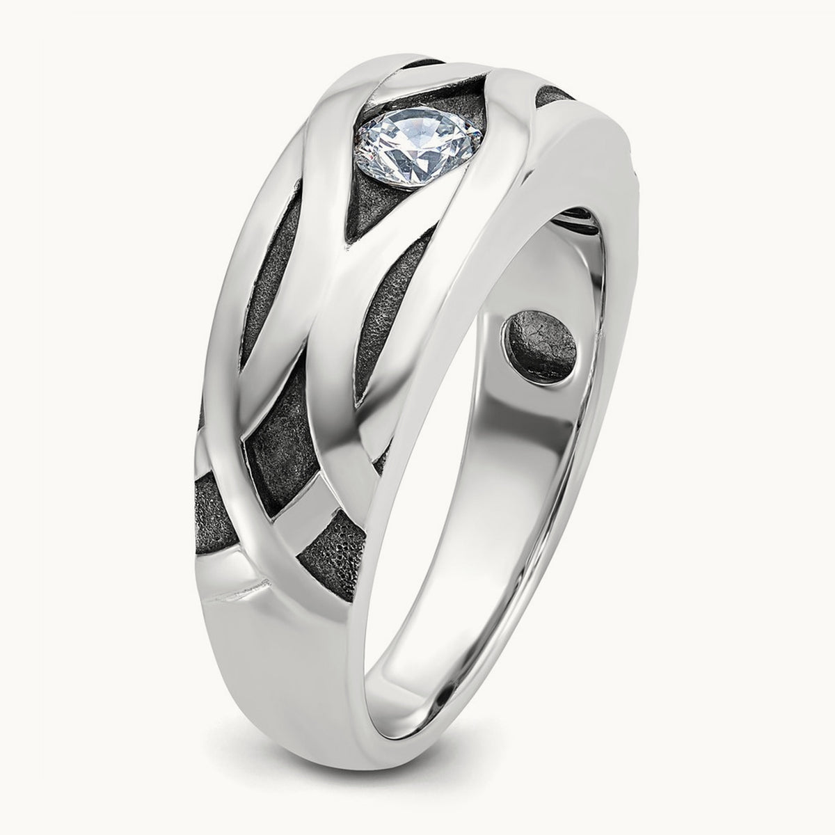 w/ Blk Rhodium IBGoodman Polished Satin & Grooved Diamond Ring, 14K White Gold