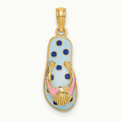 3D Enamel Shell On Blue Polka-Dot Flip-Flop Charm, 14K